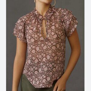 Anthropologie Brown and Red Floral Ruffle Sleeve Blouse